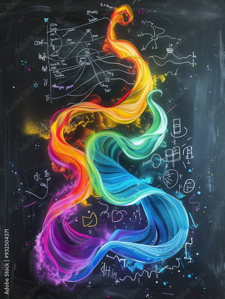 Poster A vibrant display of colorful chalk waves intertwines with scientific formulas and diagrams on a chalkboard during an engaging learning activity. Generative AI