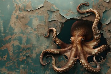 A brown octopus peeks out of a hole in an old wall