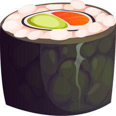 Cartoon Japanese maki sushi roll, showcasing raw slices of creamy avocado and fresh salmon fish enveloped in rice with seaweed on the outside. Isolated vector Asian culinary meal, Japan seafood © Vector Tradition