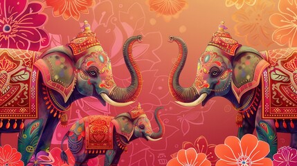 Elaborate decorations adorn elephants as they parade through a lively Indian festival, celebrating cultural traditions and artistry amidst joyous festivities. Generative AI