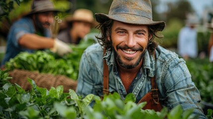 happy farmers or gardeners working outdoors at community farm