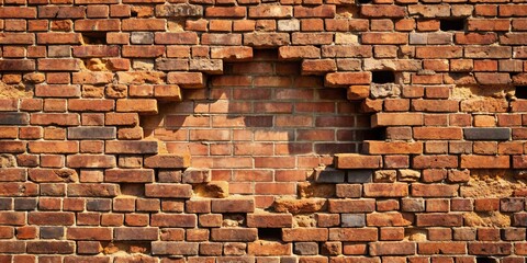 A close-up shot of a hole in a weathered brick wall , damaged, decay, urban, grunge, texture, background, architecture, broken