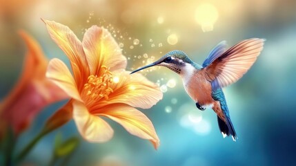 Naklejka premium Hummingbird Hovering Near a Delicate Flower