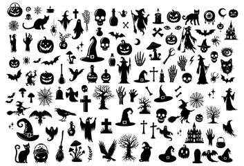 Vector illustration. Giant set of black silhouettes for Halloween.	
