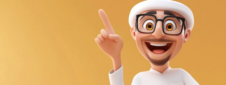 3D Cartoon Arab Man with Glasses Happily Pointing Up with Nine Fingers