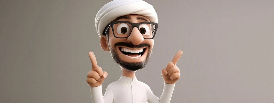 3D Cartoon Arab Man with Glasses Happily Pointing Up with Nine Fingers
