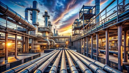 Fototapeta premium Large oil and gas pipelines in an industrial oil refining facility , Oil, gas, pipelines, refinery