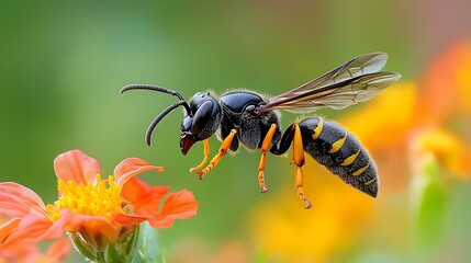 Fototapeta premium semi close-up of a Great Black Wasp hovering near vibrant garden flowers, its glossy black body and delicate wings in sharp focus, natural sunlight enhancing its menacing appearance, the surrounding