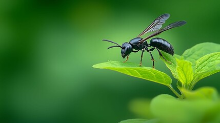 semi close-up of a Great Black Wasp hovering near a pest-infested plant, its sharp stinger and powerful wings poised for action, the vibrant greens and soft sunlight creating a dramatic backdrop,