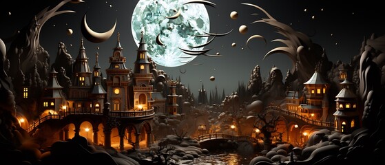 Halloween card showcasing haunted underwater city where 3D ghostly sea creature swim through 2D coral made of bone lining bottom border left side mostly blank defined 2D swirling dark water merges 3D