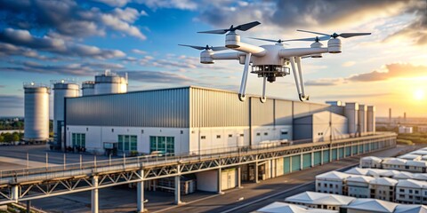 Surveillance drone monitoring isolated industrial facility, drone, surveillance, monitoring, remote, industrial, facility