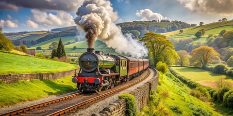 Vintage steam train moving through scenic countryside , vintage, steam, train, locomotive, retro, transportation