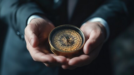 Concept of Strategic orientation in business or marketing. Purpose and direction in business. Compass in the hands of a businessman