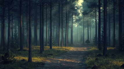 Naklejka premium A serene forest path surrounded by tall trees and soft fog, creating a tranquil and mystical atmosphere for nature lovers.