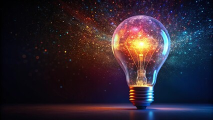 Colorful light bulb with glowing particles on dark background, energy, creativity, abstract, innovation, art