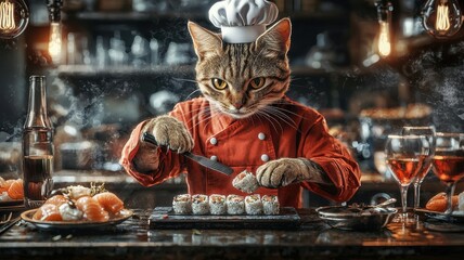 A whimsical cat chef skillfully preparing sushi in a cozy, inviting kitchen, blending culinary art with playful charm.
