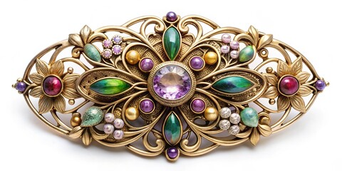 Intricate Art Nouveau inspired brooch adorned with delicate floral patterns and gemstones , jewelry, accessory, elegant