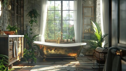 Rustic Bathroom Interior Design with Golden Bathtub and Lush Greenery
