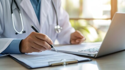 Fototapeta premium Doctor Filling Out Medical Forms in a Modern Clinical Setting, Professional Healthcare Documentation.