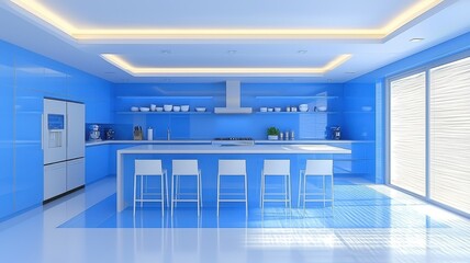 Modern blue kitchen interior featuring sleek furniture, bright lighting, and open space for a contemporary vibe.