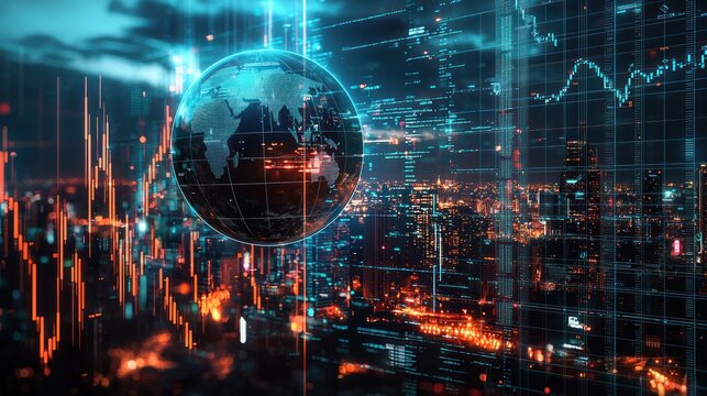 Digital Globe Over A Night Cityscape with Data and Code Overlays