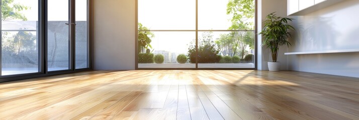 Fototapeta premium Spacious living room featuring wooden floors and a large sliding glass door that leads to a balcony in an apartment.