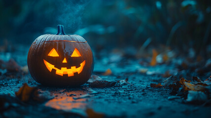 A carved pumpkin glows in the dark on a misty Halloween night surrounded by fallen leaves