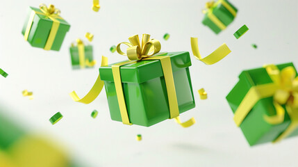 3D green gift box with yellow ribbons on a bokeh background.