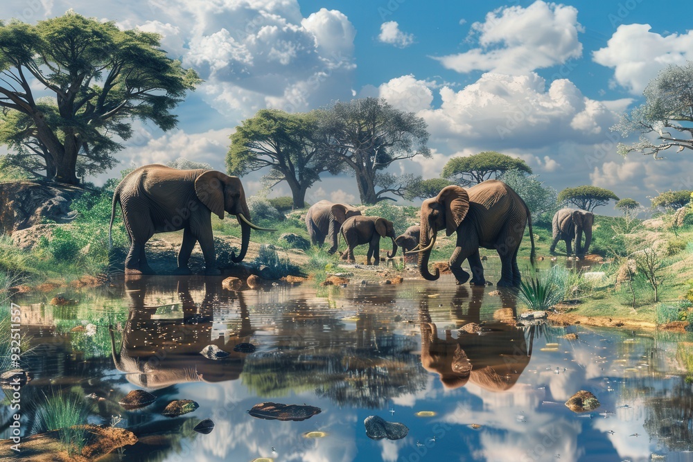 Poster a herd of elephants quenches their thirst at a tranquil waterhole surrounded by lush greenery and st