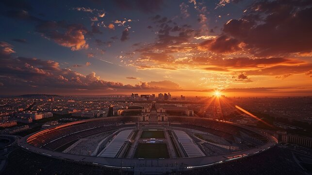 Aerial View of a Stadium in Paris During a Dramatic Sunset