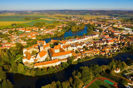 Top view from the drone on the city Telc. Czech Republic