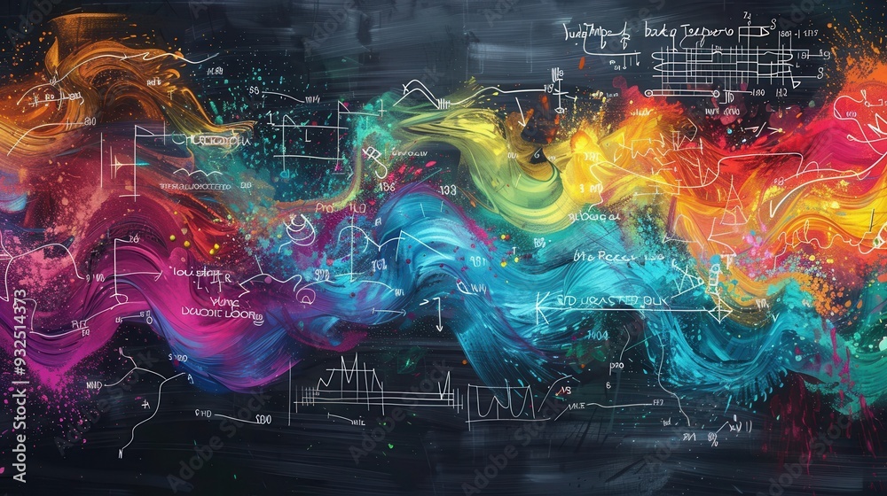Poster vibrant chalk waves intertwine with scientific formulas and diagrams on a chalkboard, creating an en