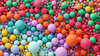 Many bright random pastel colored soft balls background. Colorful balls background for kids zone or children's playroom. Top view of huge pile of colorful balls in different sizes. Vector illustration