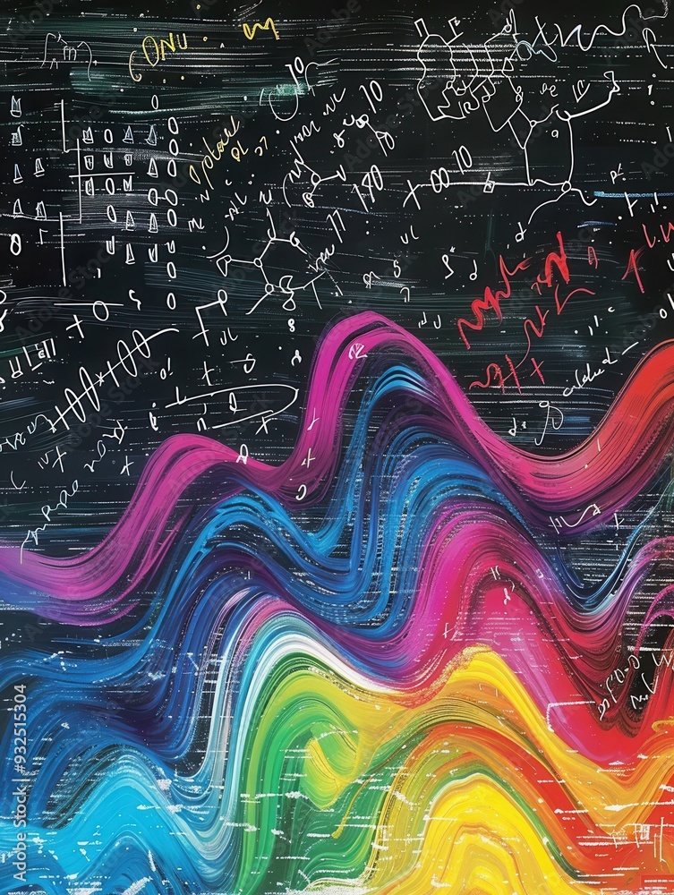 Poster vibrant chalk strokes create waves on a chalkboard, incorporating scientific formulas and diagrams t