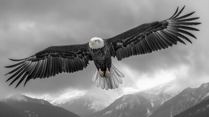 Obraz premium Soaring high in the blue sky, a majestic bald eagle spreads its white-tipped wings, a symbol of freedom and wild nature