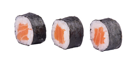 three pieces of sushi roll with salmon and rice and seaweed isolated © mario