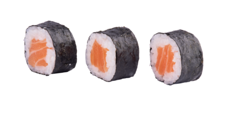 three pieces of sushi roll with salmon and rice and seaweed isolated