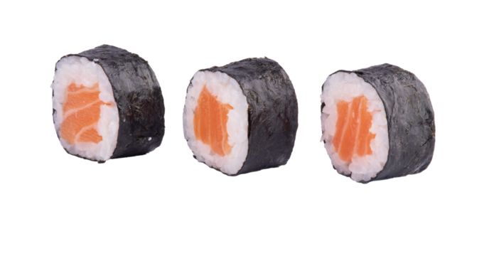 three pieces of sushi roll with salmon and rice and seaweed isolated