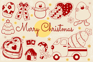 set of Christmas design element in doodle style, Merry Christmas and happy New Year festive vector collection. Different hand drawn doodle elements, Christmas tree, fireplace, cozy sweater, coquette 