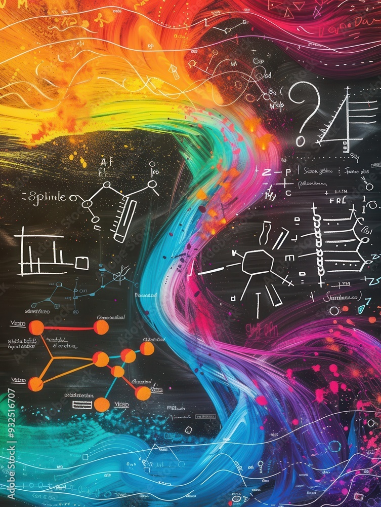 Poster a chalkboard displays colorful waves of chalk strokes blended with scientific diagrams and formulas,