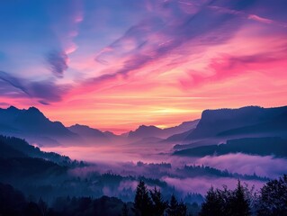 Obraz premium Sunrise Over Mist-Covered Valley with Mountain Silhouette