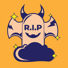 vector illustration design of a ghost riding a cloud with wings and horns in peach and blue colors and simple style. suitable for logos, icons, posters, advertisements, banners, companies, t-shirt,web