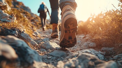 Closeup of hiking boots on rocky mountain path, two hikers walking towards the setting sun.