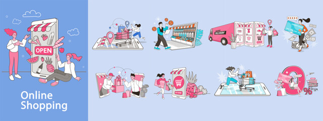 Obraz premium A complete illustration set for the online shopping process. This e-commerce collection shows the full customer journey, from browsing on a smartphone to payment, delivery, and receiving packages.