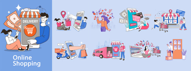 Obraz premium A comprehensive illustration set for online shopping. This collection covers e-commerce, mobile delivery, and convenience, perfect for websites, promotional materials, and mobile apps.