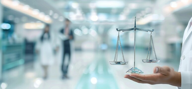 Doctor holding scale model of scales of justice in medical ethics concept for legal system analysis and decisionmaking