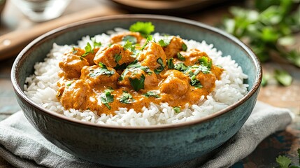 Bowl of Chicken Curry with White Rice and Cilantro Garnish