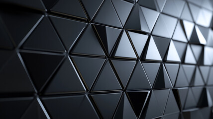 Obraz premium Close-up view of a textured black tiled wall featuring triangular shapes arranged in an intricate pattern