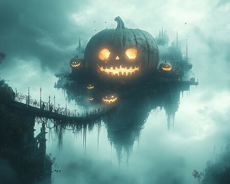 Halloween card floating island sky where pumpkinheaded scarecrows guard a bridge made of mist The copyspace is at the bottom large and enveloped by curling fog perfect for writing a mysterious note