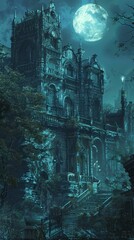 Obraz premium The dilapidated mansion stands ominously in the moonlight, encased in shadows, with overgrown foliage creating a haunting ambiance